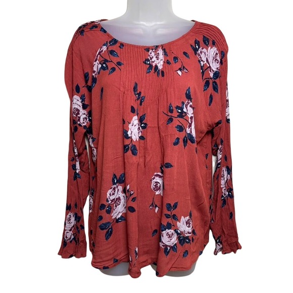G x F Collection Tops - G&F Collection Terracotta Rust Floral Blouse Pintuck Long Sleeve Top Women Large